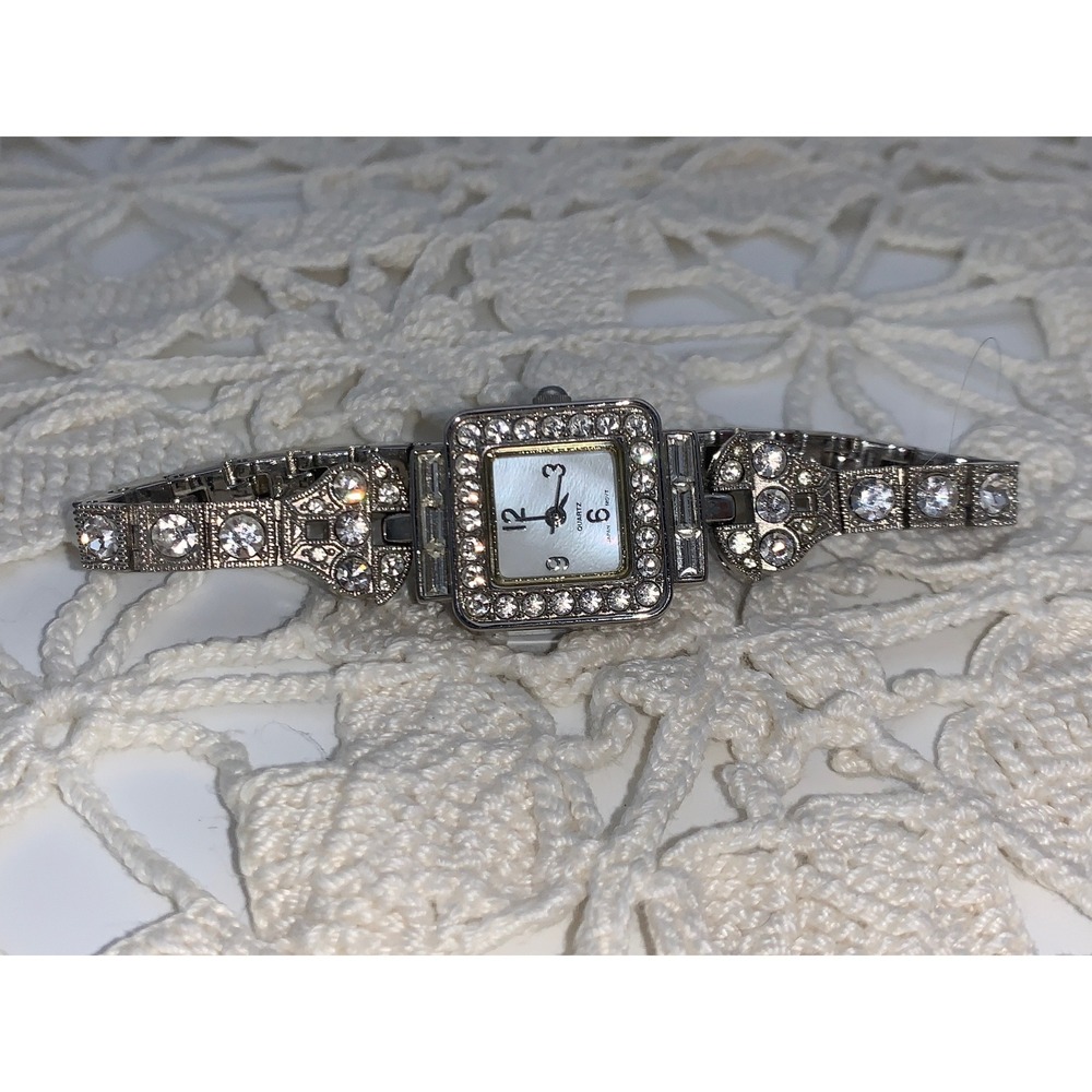 Vintage Silver Tone Crystal Square Face Cocktail Watch Japan Movt Art Deco Style